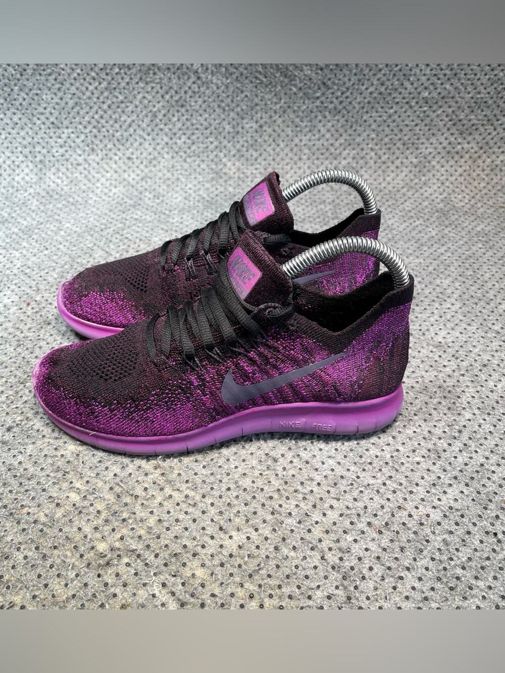 Nike Free RN Flyknit Black Purple Shoes No Insoles Size 4 Women’s